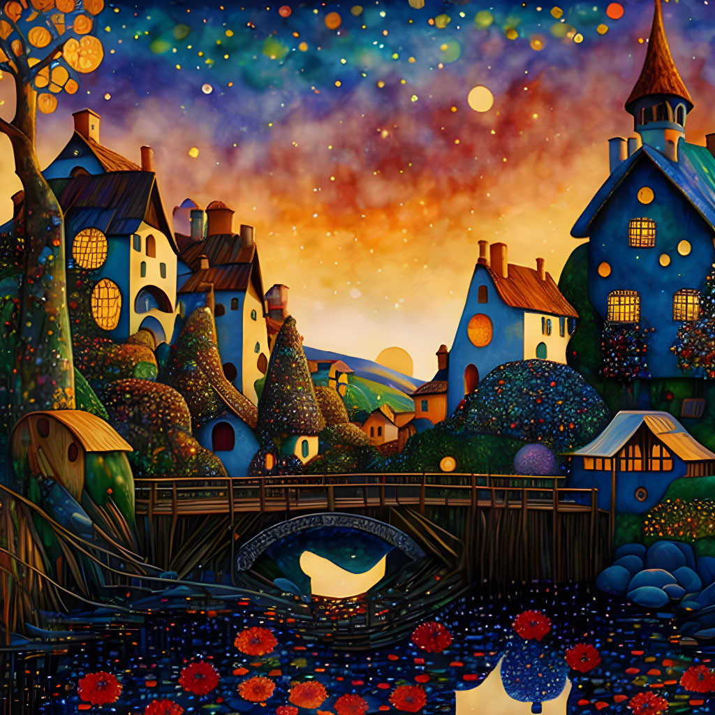 Colorful Whimsical Village with Starry Sky, Cozy Houses, Bridge, and Red Flowers