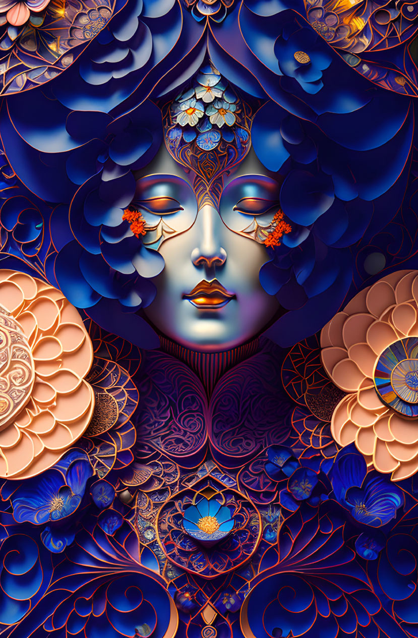 Colorful digital artwork: Serene face with floral elements and blue botanical patterns