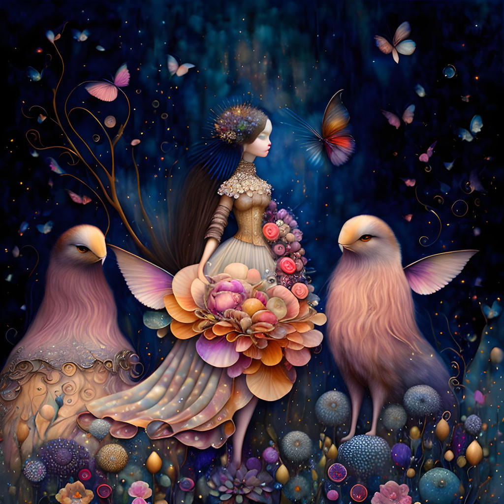 Fantastical illustration of woman in floral dress with birds and butterflies on starry night.