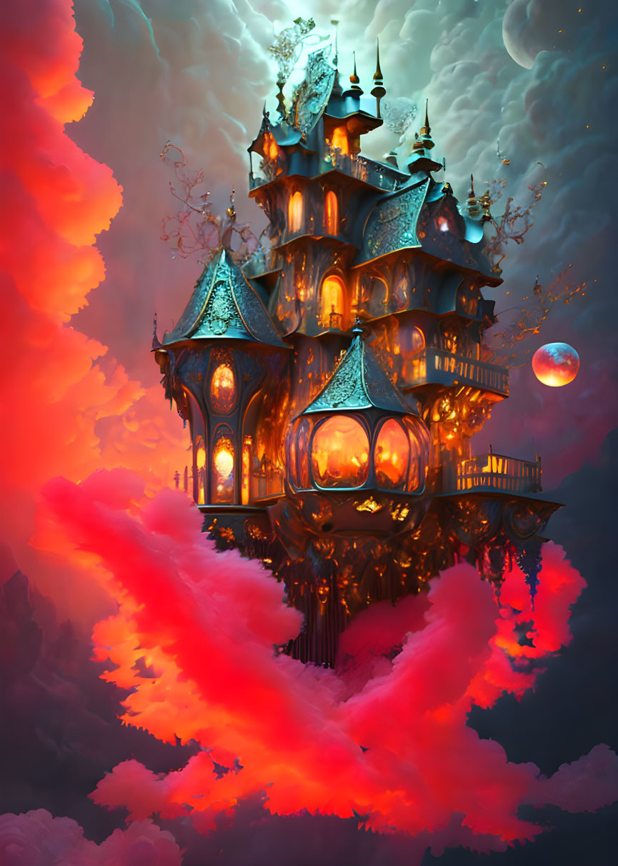 Fantasy castle floating in clouds with red accents and moon