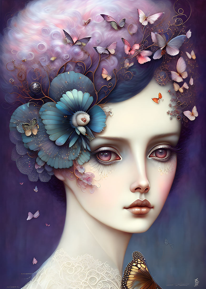 Ethereal female portrait with large eyes and blue flower headdress