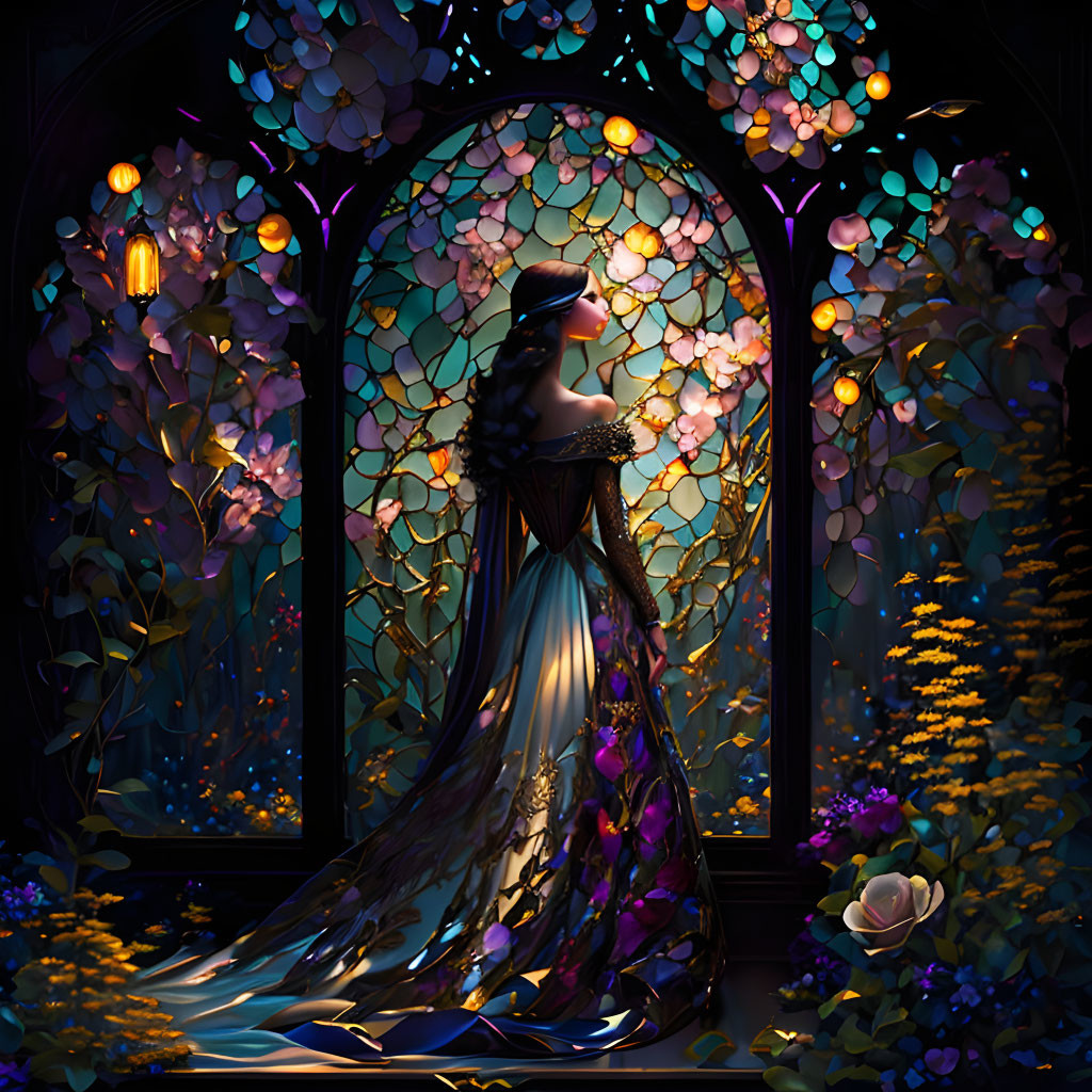 Woman in elegant gown by stained-glass window with luminescent flowers and vines