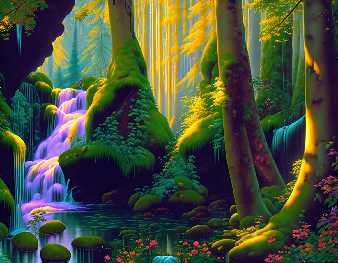 Lush fantasy forest with waterfalls, glowing trees, and colorful flora