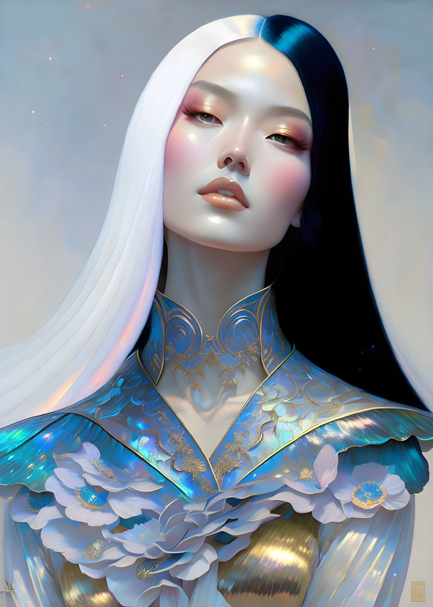 Woman with long white hair in golden and blue armor on starry background