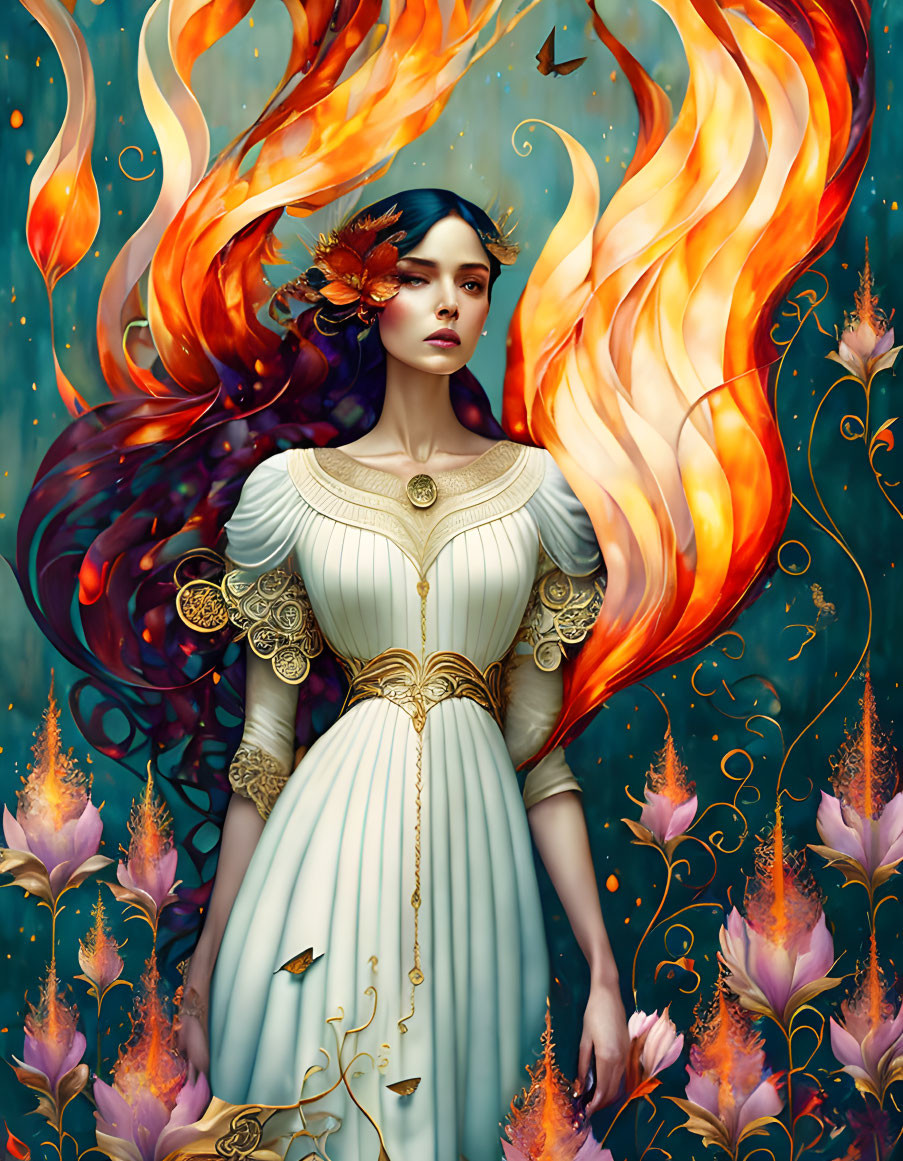 Fantastical image: Woman with fiery hair in period dress among vibrant flowers & ethereal flames