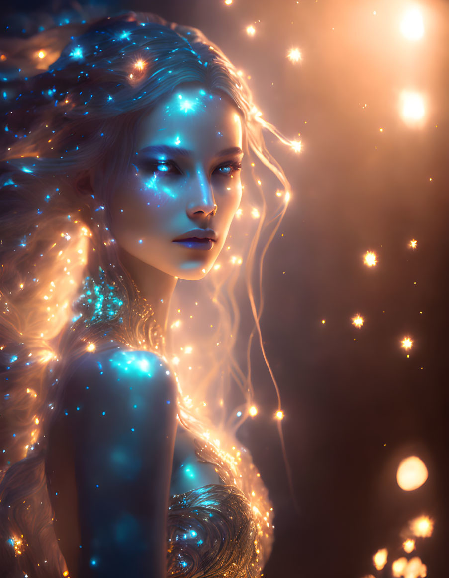 Fantastical female figure with blue skin and glowing hair in mystical setting