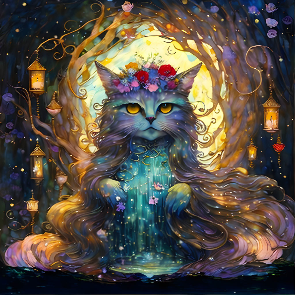 Majestic cat with green eyes and floral crown under full moon.