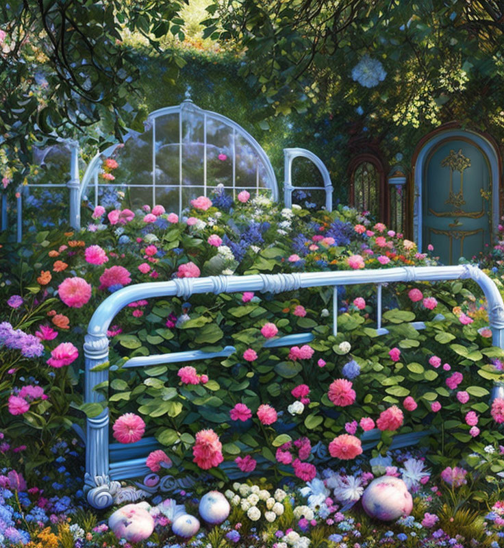 Vibrant flower garden on white metal bed frame in lush green setting