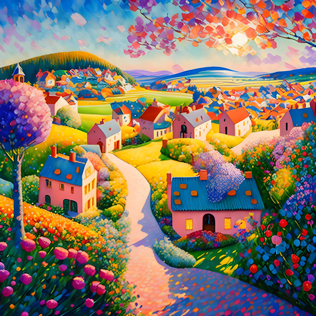 Colorful Landscape with Whimsical Houses and Vibrant Flowers