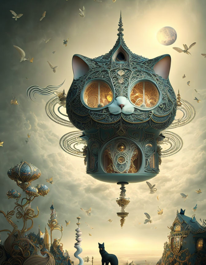 Whimsical giant cat head-shaped building with ornate designs under cloudy sky and surreal architecture