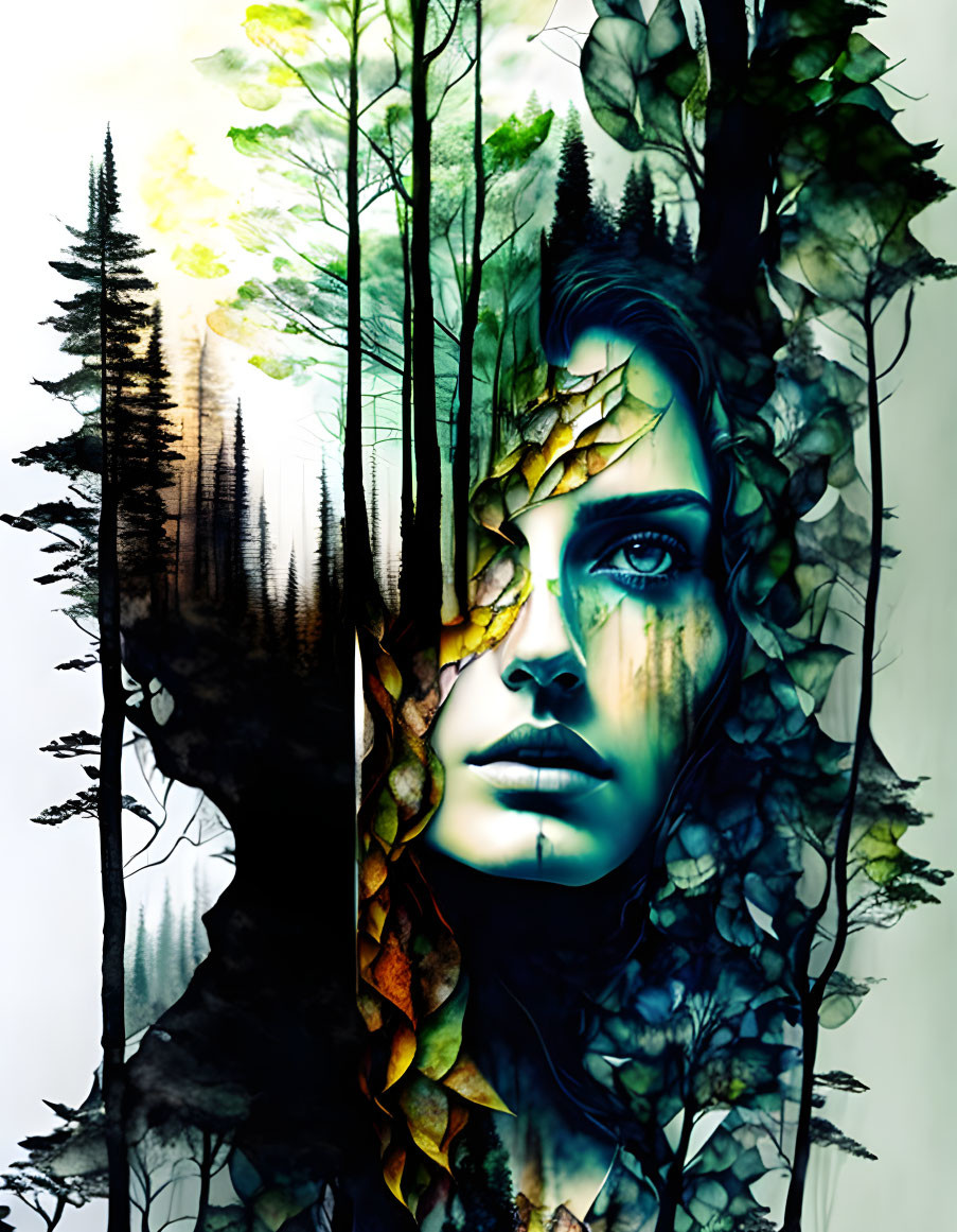 Digital Artwork: Woman's Face Blended with Forest Imagery