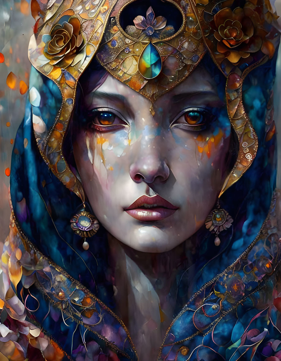 Ethereal woman with golden headdress and gemstones in vivid cloak