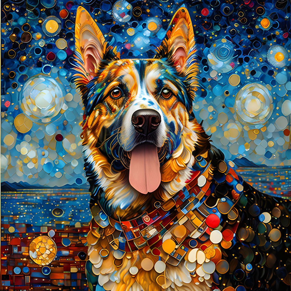 Colorful digital artwork of a dog in mosaic pattern on abstract background