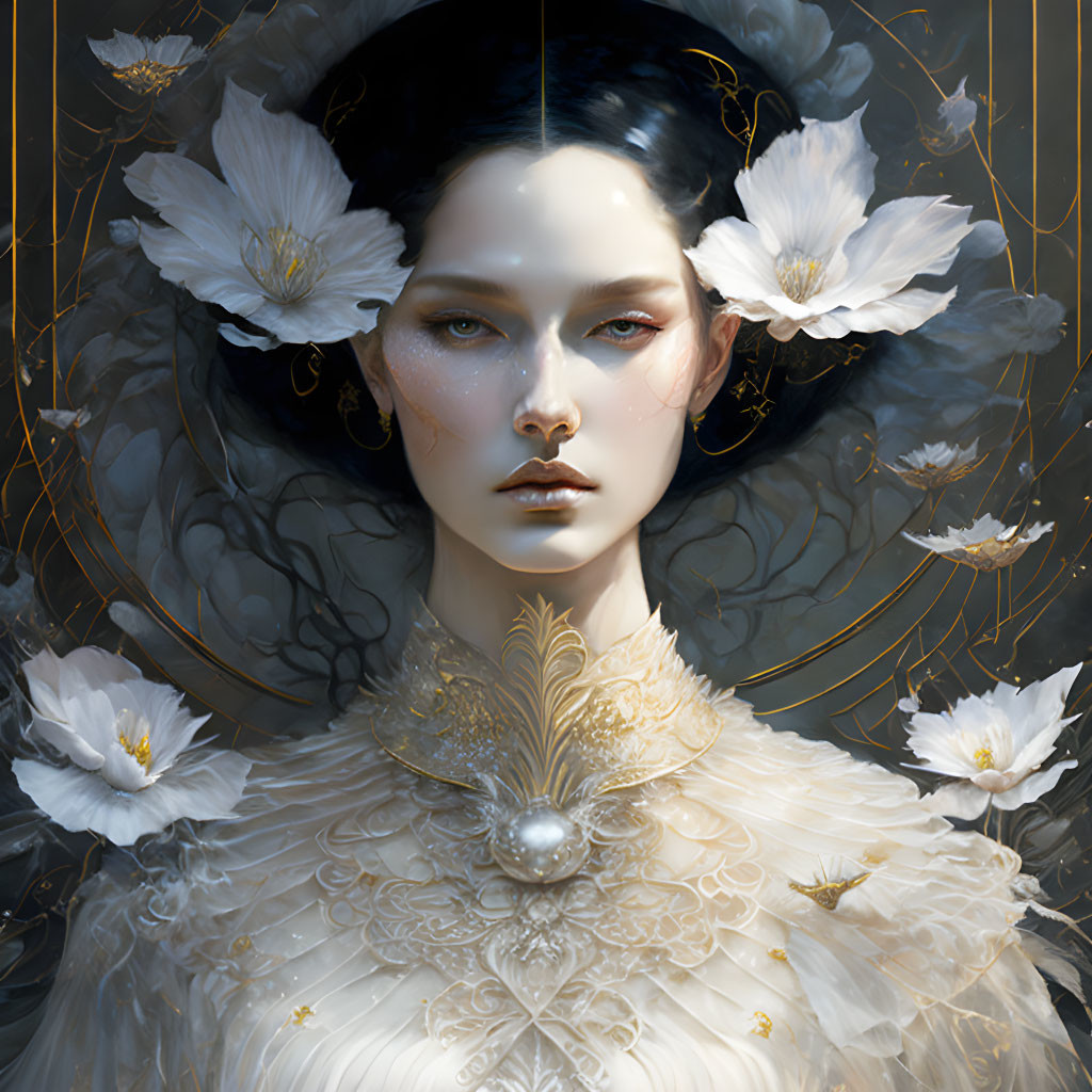 Digital Artwork: Woman with Porcelain Skin, White Flowers, and Golden Accents