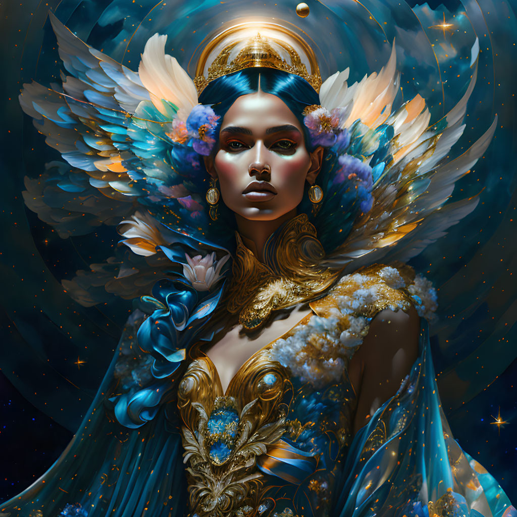 Digital artwork: Woman in ornate golden attire with blue and orange feather headdress on starry night