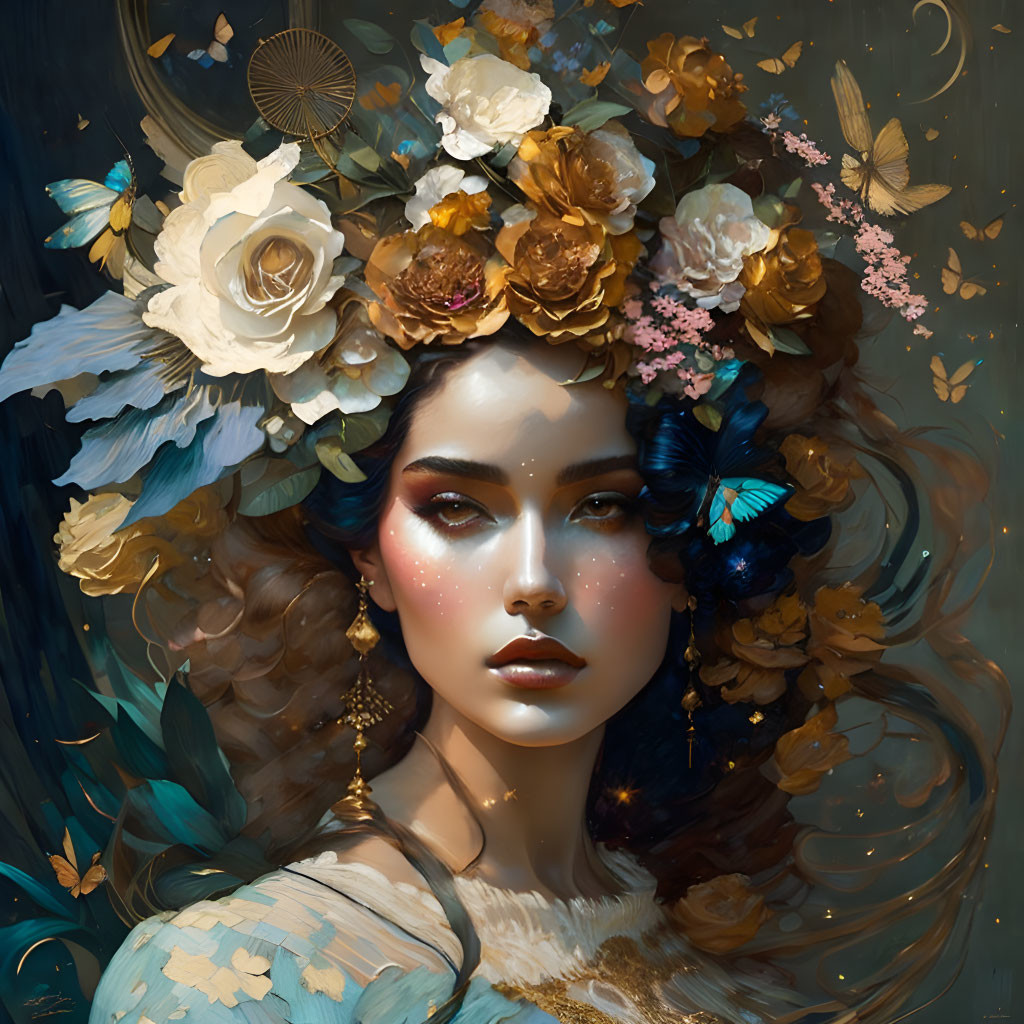 Fantastical portrait of woman with floral headdress and butterflies