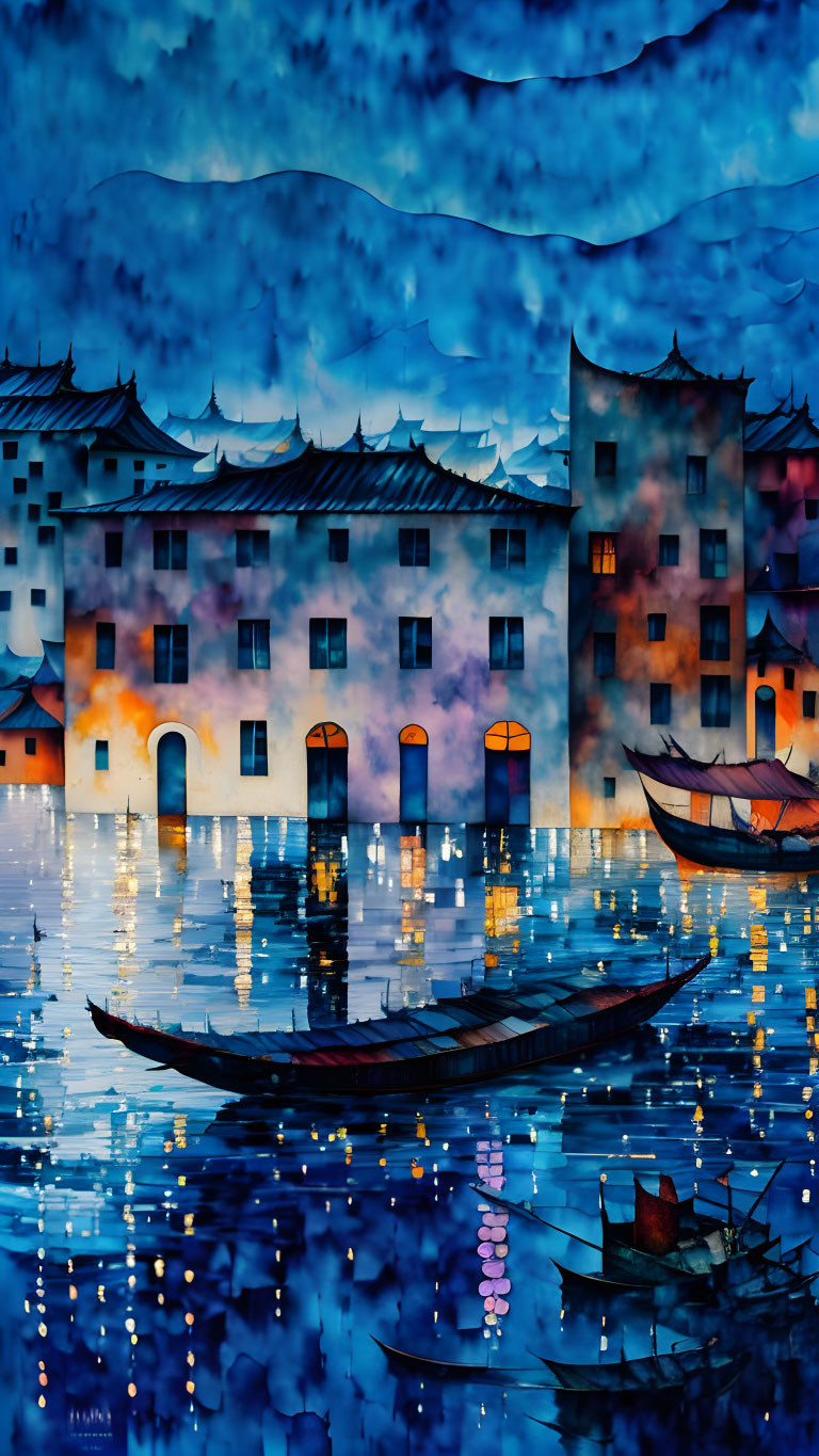 Night scene: Boats on reflective water, illuminated traditional buildings, deep blue sky.