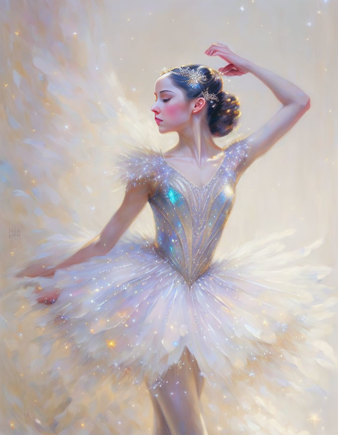 Elegant ballerina in sparkling costume on soft, glowing background