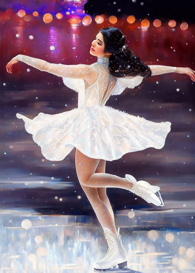 Female Figure Skater in Sparkling White Costume on Ice Amid Snowy Backdrop