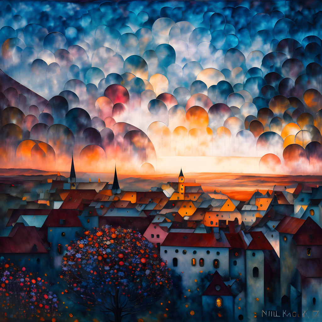 Colorful townscape at sunset with patterned clouds and red foliage tree