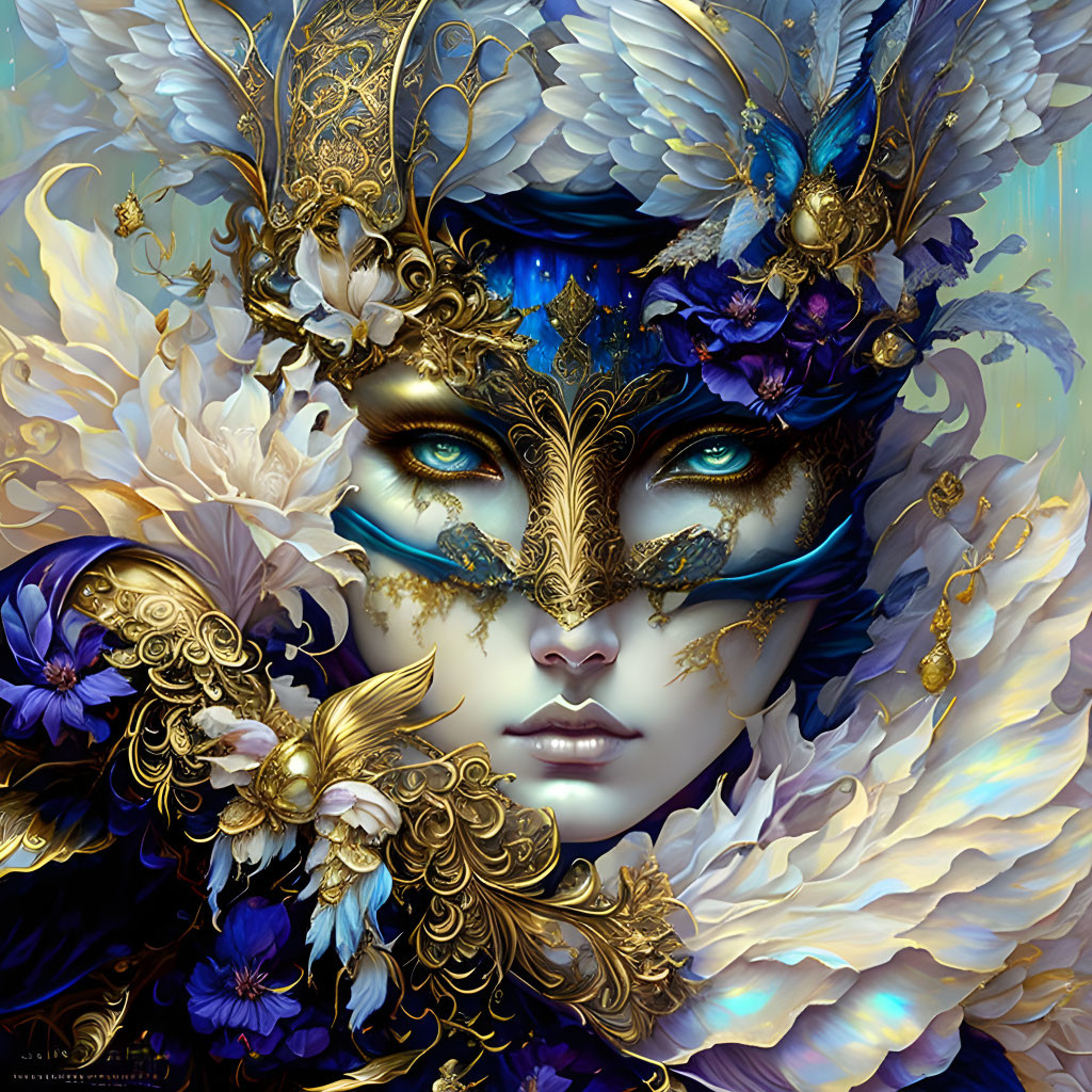 Person wearing ornate golden masquerade mask with blue and white feathers and flowers.