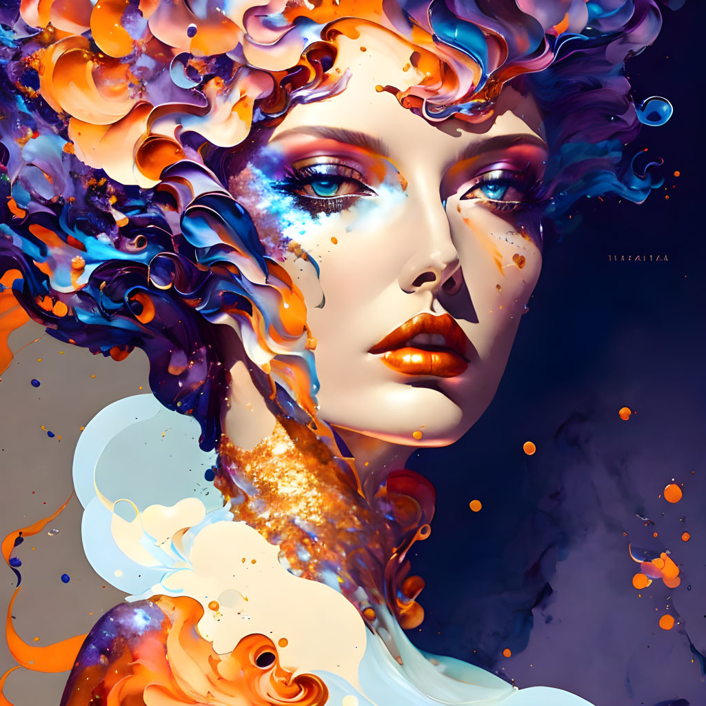 Colorful digital artwork: Woman with flowing flame-like mane in orange, blue, and purple