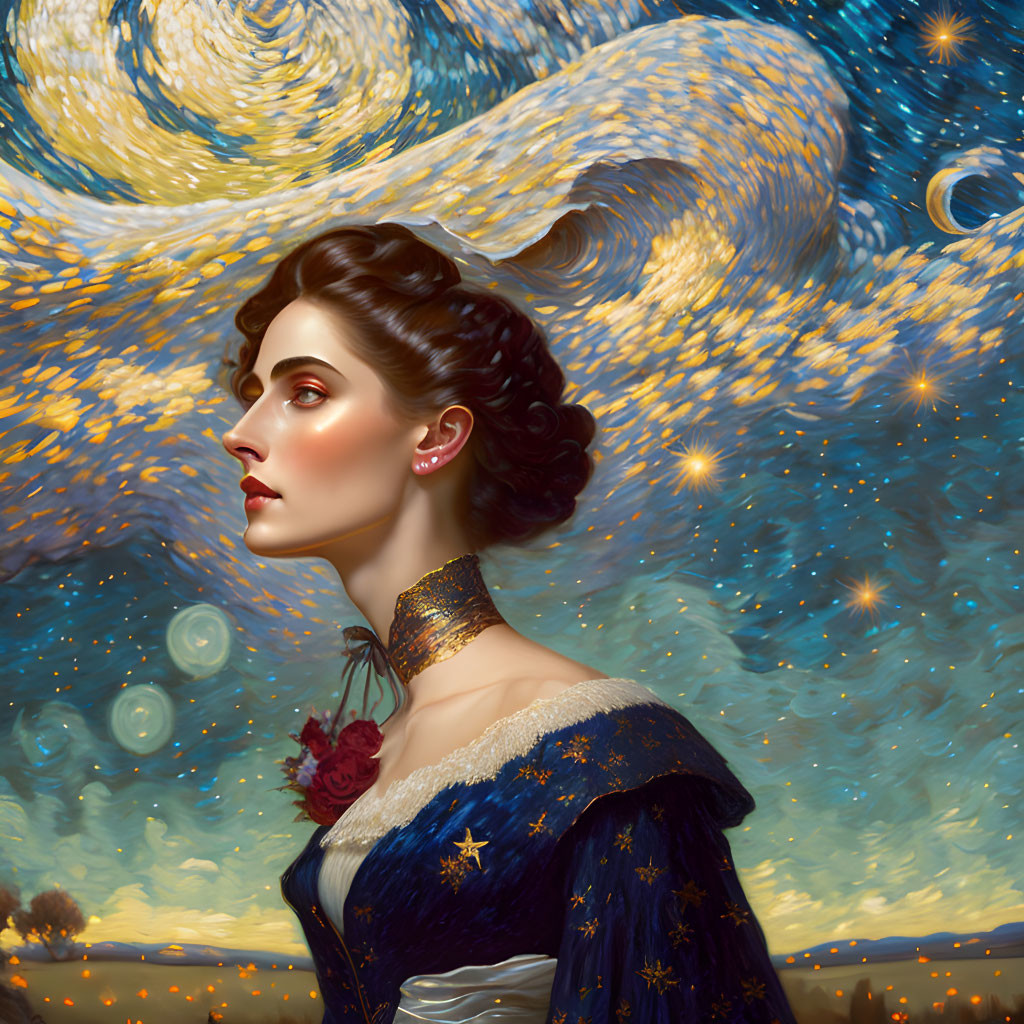 Victorian woman in dress against starry sky backdrop