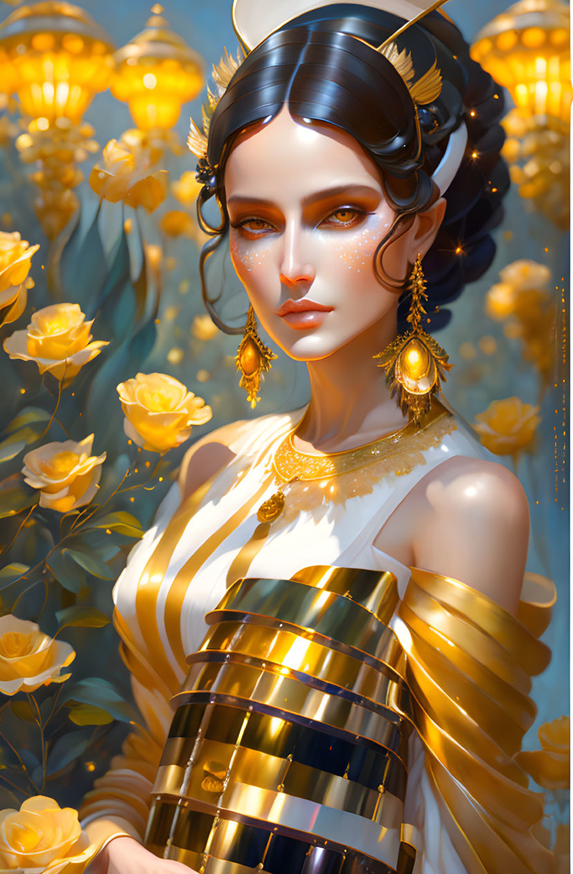 Ethereal woman adorned with golden jewelry among yellow roses and lanterns