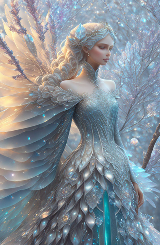 Ethereal woman with feather-like wings in frost-kissed forest