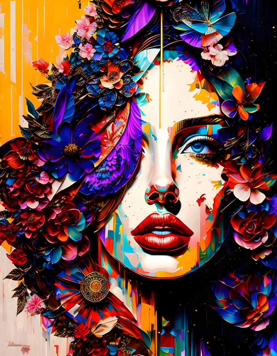 Colorful woman's face with flowers and feathers in vibrant artwork