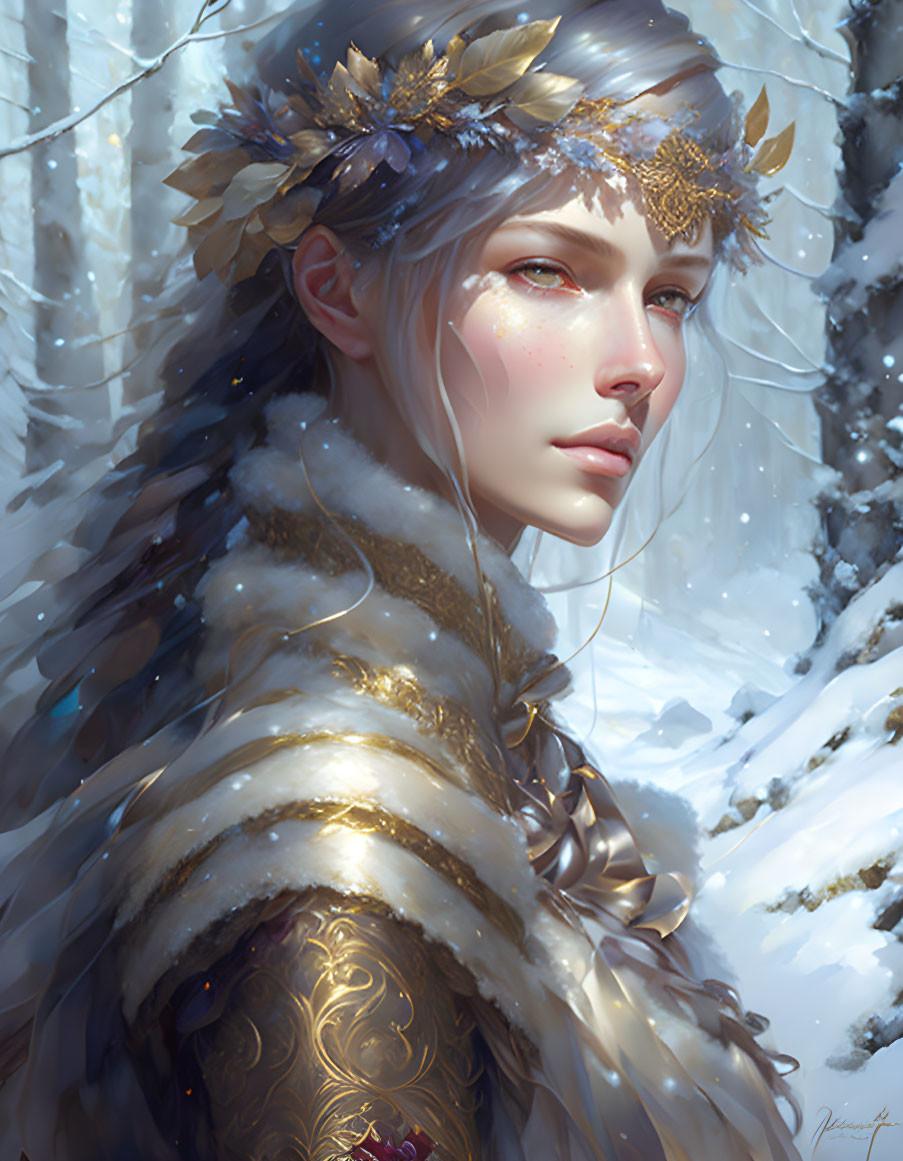 Fantasy female figure with pointed ears in golden leaf crown in snowy forest