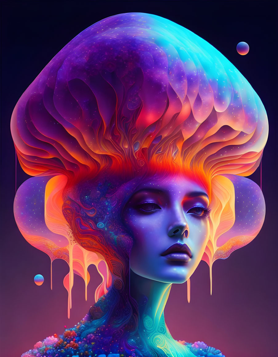 Colorful digital artwork of a woman with jellyfish-inspired canopy and floating orbs