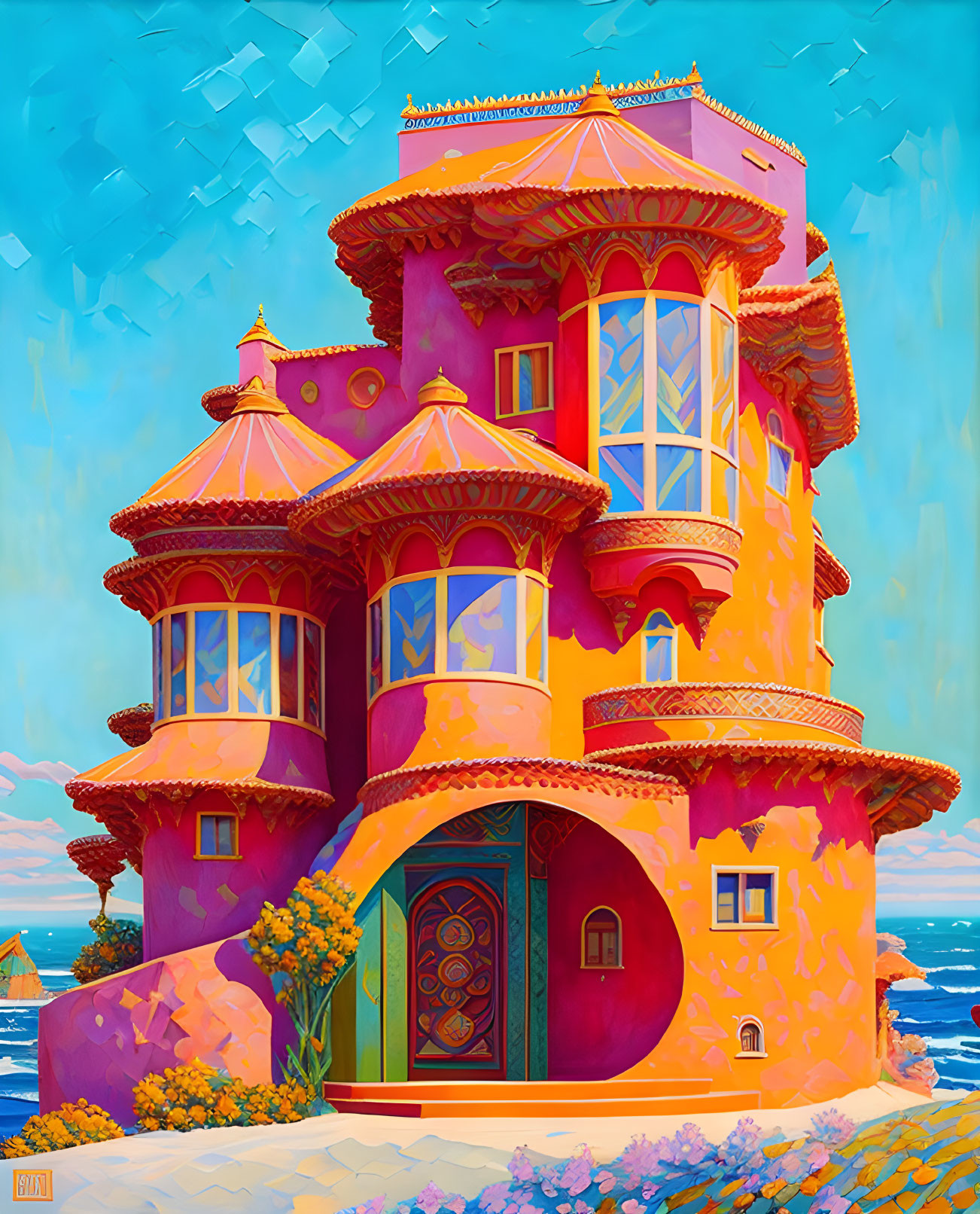 Colorful painting of pink and orange fantasy building against blue sky