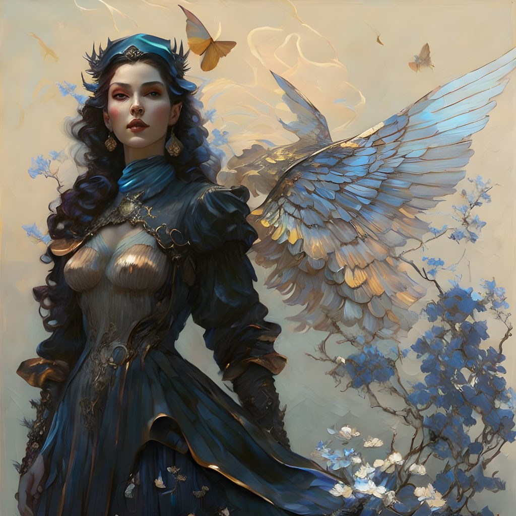 Winged woman in blue gown with butterflies on blossoming branches