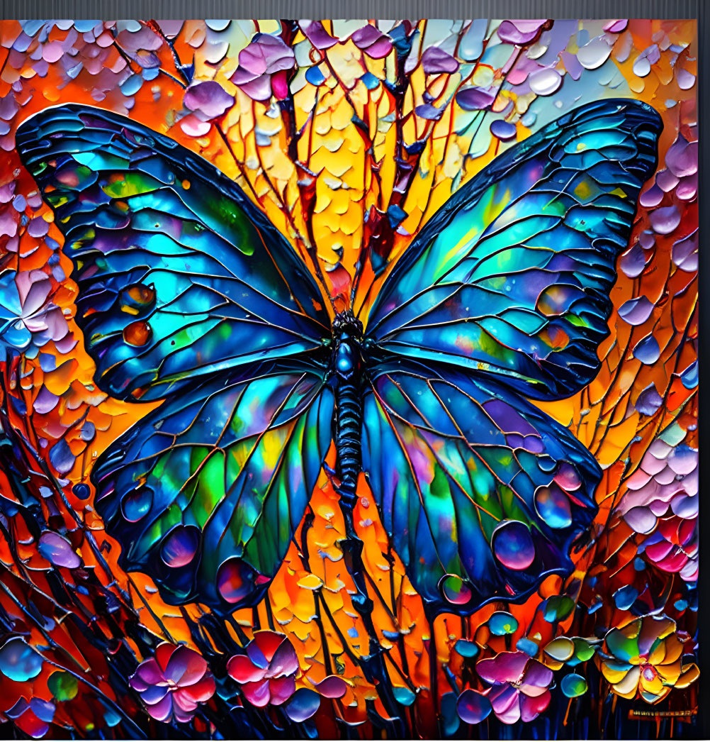 Colorful Blue Butterfly Artwork on Warm Mosaic Background