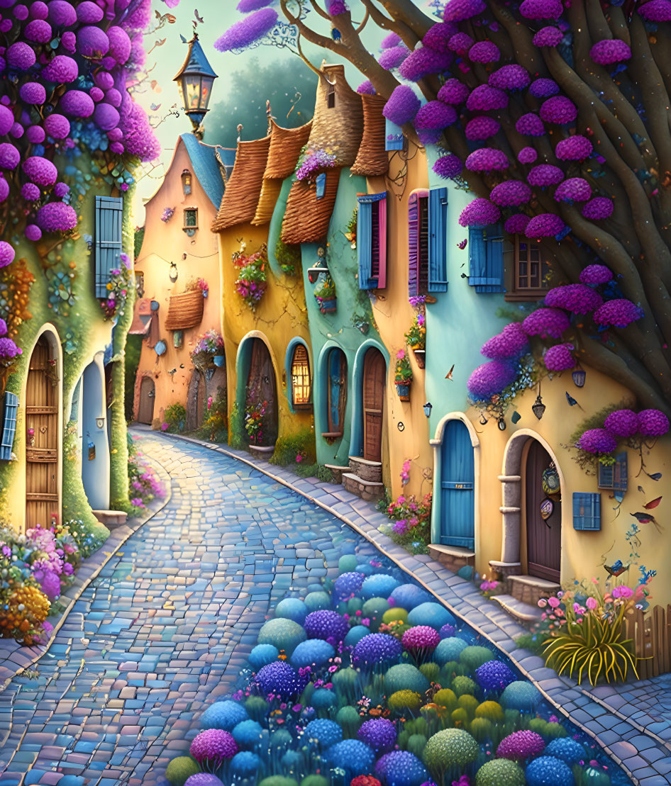 Charming cobblestone street with vibrant houses and purple trees