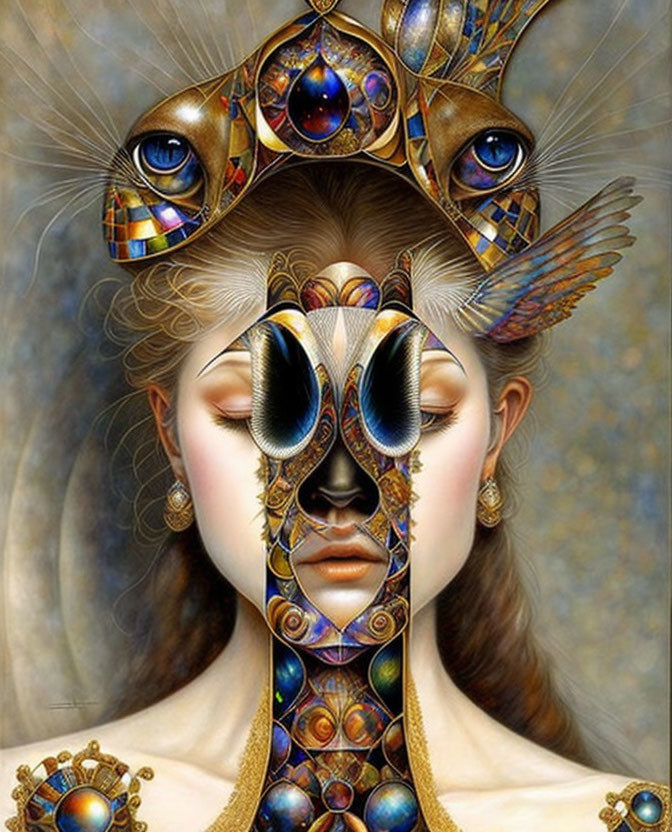 Colorful surreal portrait of a woman with ornate mask-like decorations and regal headpiece.