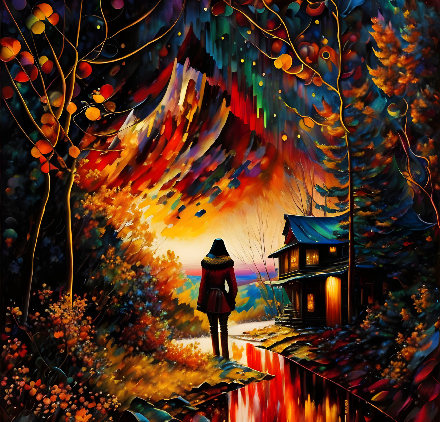 Colorful autumn scene with person in red cloak by river and cozy house