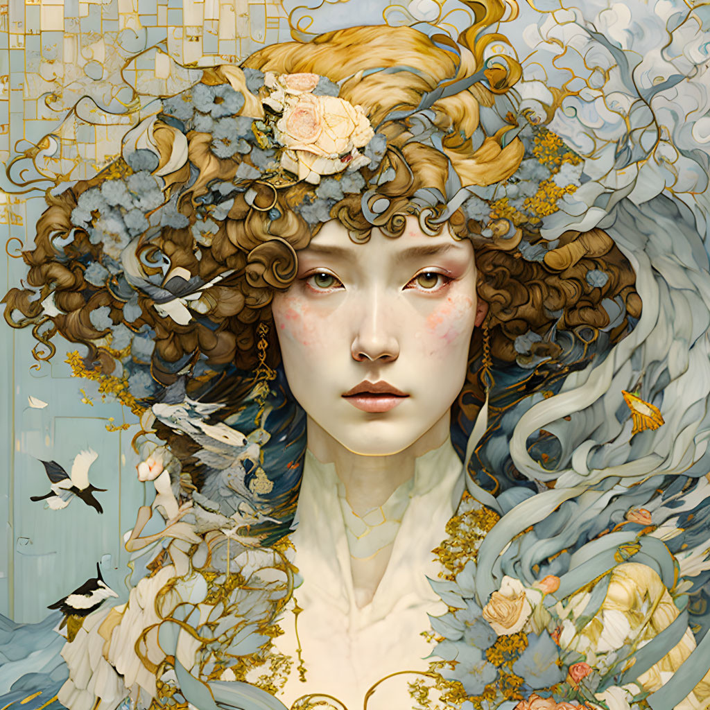 Detailed artwork: Woman with curly golden-brown hair, flowers, birds on intricate gold-and-blue background