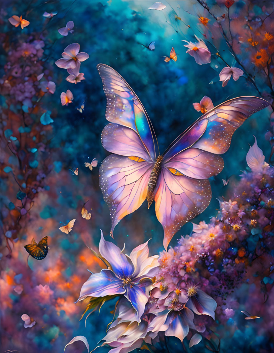 Ethereal butterfly surrounded by flowers on blue background