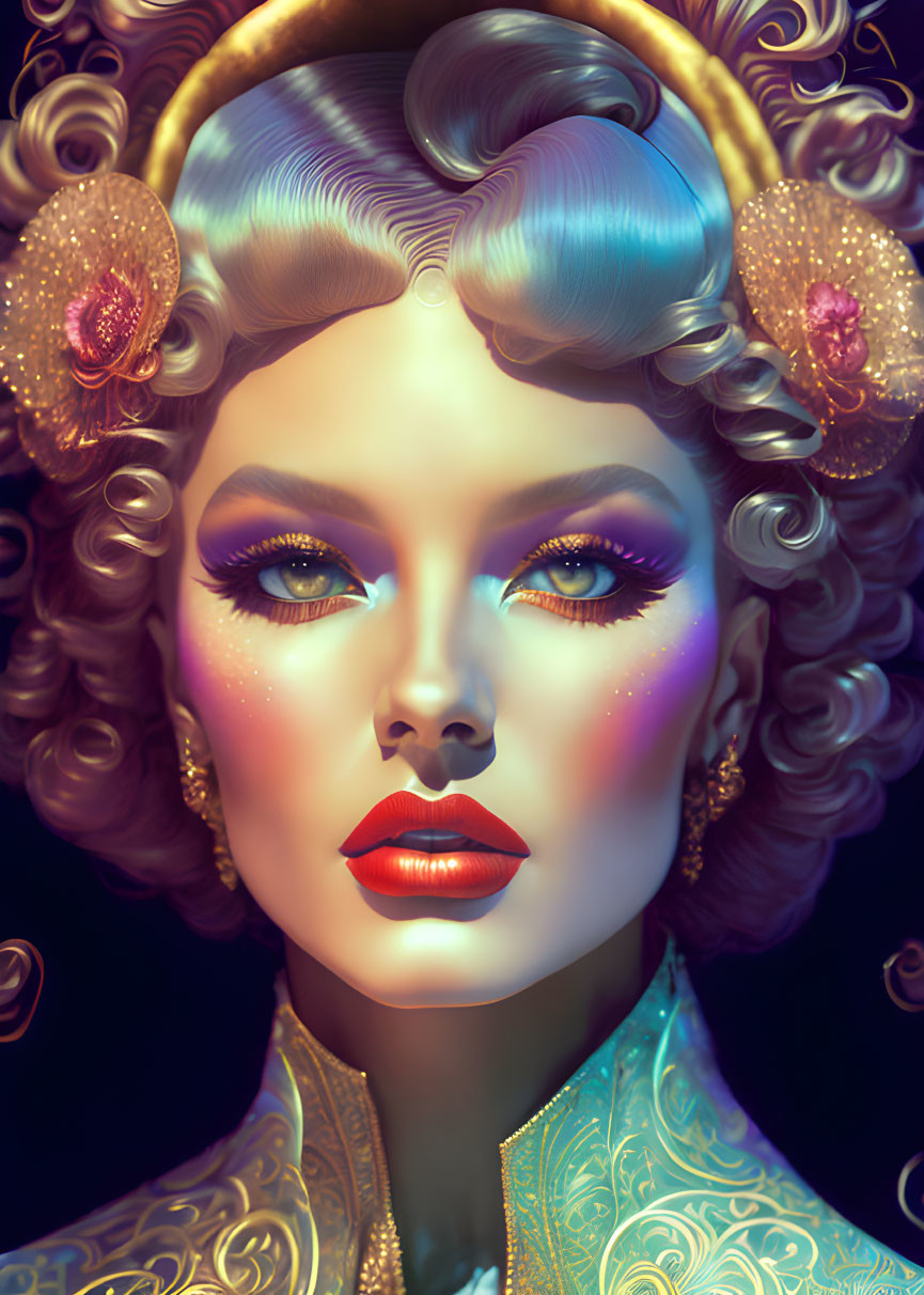 Elaborate vintage hair with gold accessories in vibrant makeup against dark backdrop