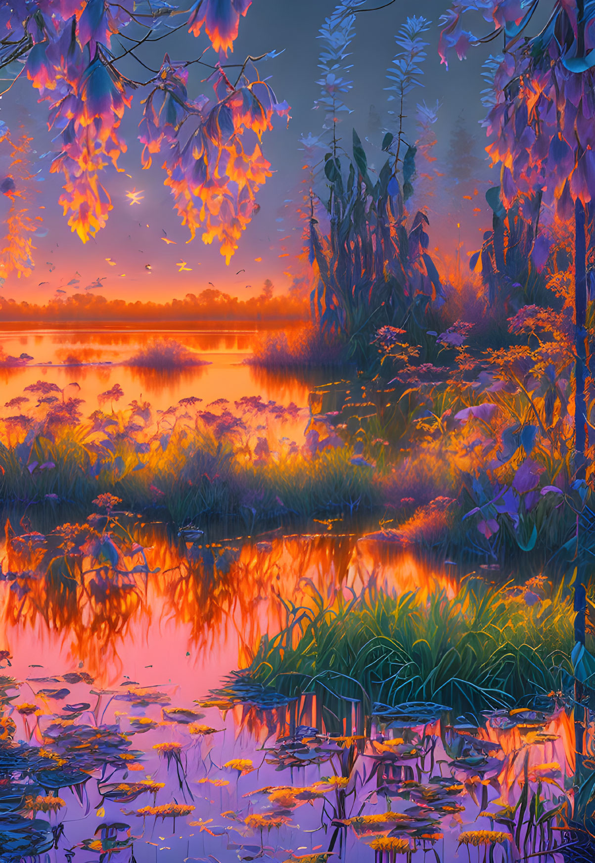 Colorful Twilight Lakeside Scene with Reflections and Foliage