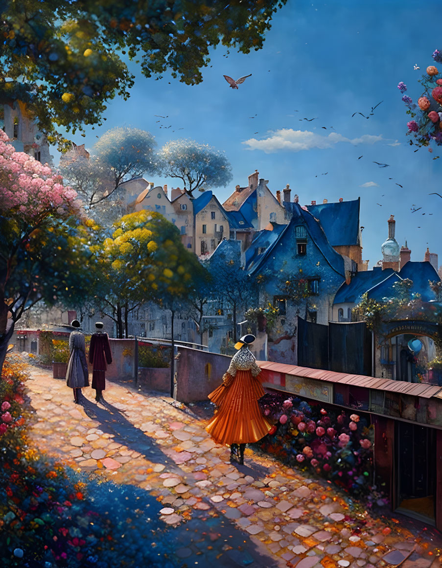 Whimsical painting of people in period clothing on a flower-lined bridge