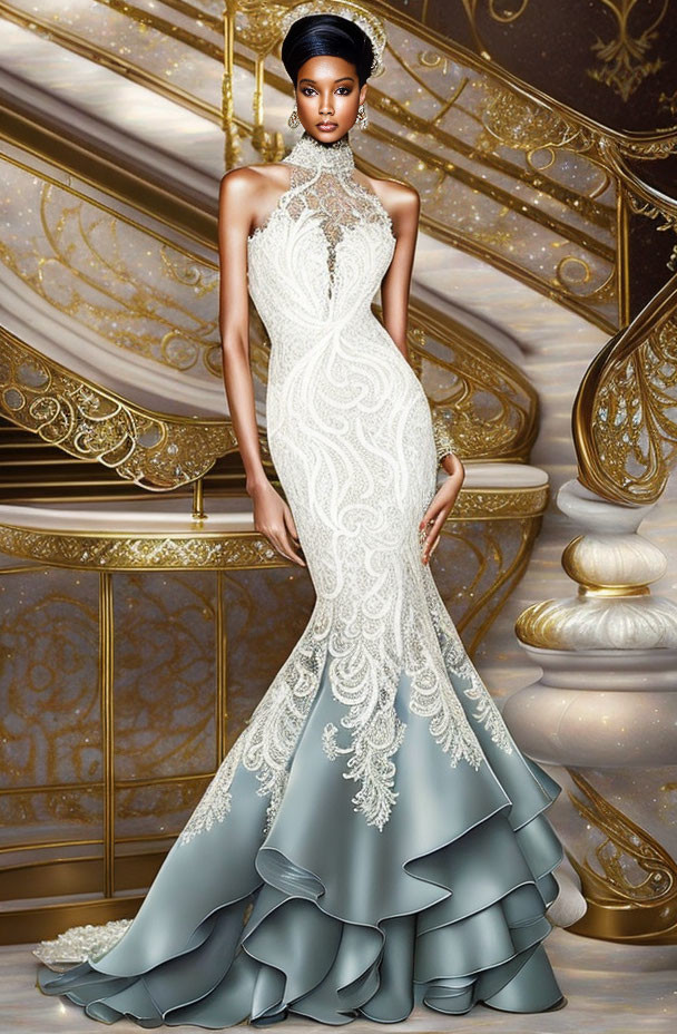 Elegant white and blue gradient mermaid gown with lace detailing in luxurious room