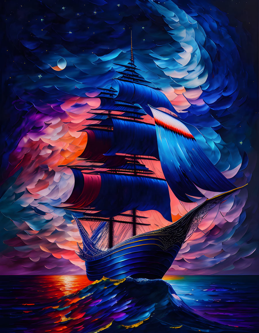 Colorful painting of sailing ship on ocean at sunset with swirling sky