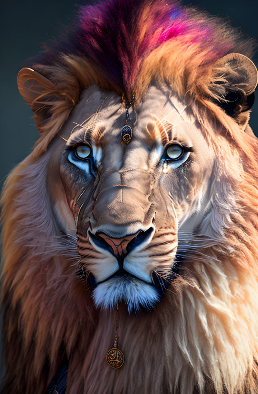 Colorful lion art with human-like blue eyes, pendant, and rainbow mane