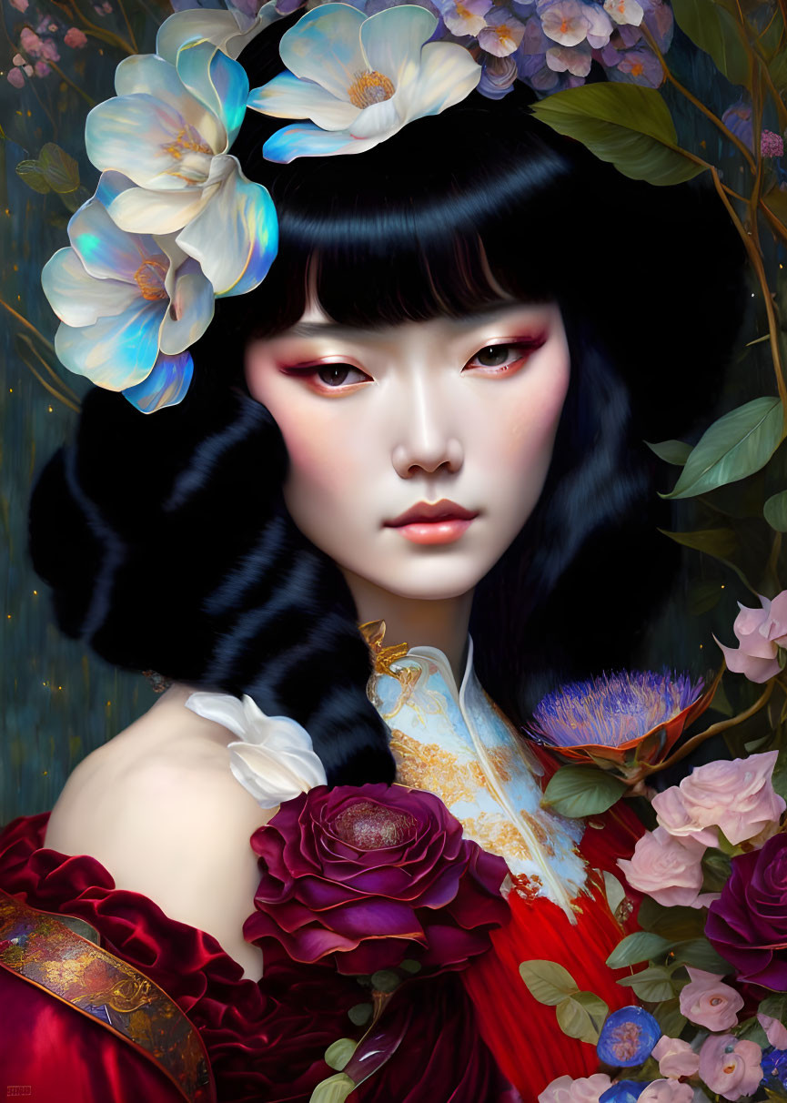 Digital artwork: Woman with porcelain skin, black hair, traditional attire, vibrant flowers