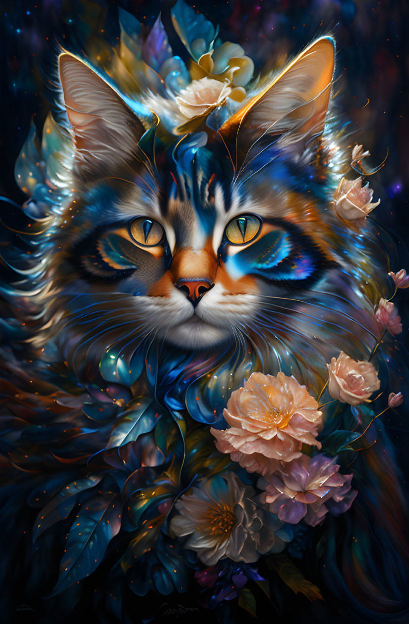 Colorful Cosmic Cat Artwork with Intricate Patterns and Glowing Elements