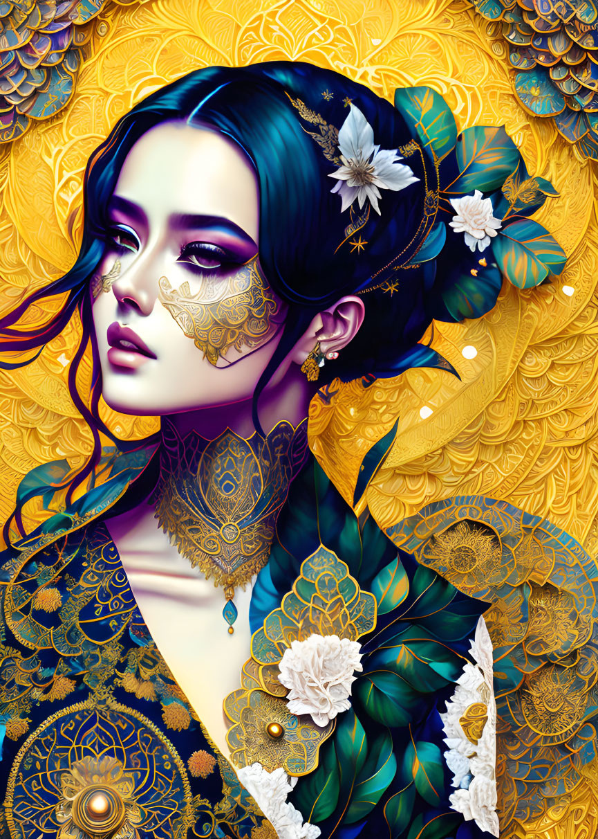 Blue-Haired Woman with Golden Face Tattoos on Intricate Yellow Background