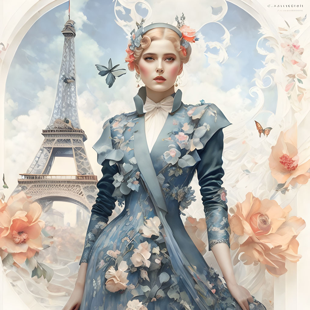 Woman in floral dress with bow tie and flower accessories in hair against Eiffel Tower backdrop.